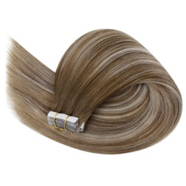 Vivien Real Hair Extensions Tape-In Brown Balayage 22 inches / 55 cm Invisible Tape Extensions Real Hair 20 Tapes 50 g Remy Hair Extensions with Tape Straight Medium Brown Ombre Blonde #6/60/6