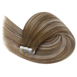 Vivien Real Hair Extensions Tape-In Brown Balayage 22 inches / 55 cm Invisible Tape Extensions Real Hair 20 Tapes 50 g Remy Hair Extensions with Tape Straight Medium Brown Ombre Blonde #6/60/6