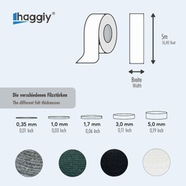 haggiy Filzband - Filzstreifen selbstklebend - Filzgleiter - Filzrolle - Klebeband Filz - 1,7 mm stark, Breite: 20 mm, Länge: 5 m