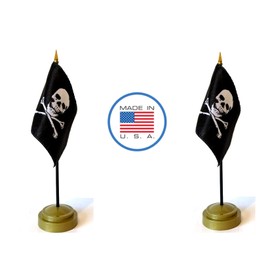 Made in The USA Flag Set. 2 Jolly Roger Rayon 4"x6" Miniature Office Desk & Little Hand Waving Table Flags Includes 2 Bronze Flag Stands & 2 Small Mini Jolly Roger Pirate Stick Flags