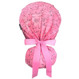 Gorro Quirúrgico Mujer Hombre Coleta Trabajo Cintas Botones Cabello Largo Pechos Sobre Fondo Rosa