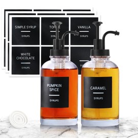 Coffee Syrup Dispenser for Coffee Bar, Set of 2 Simple Glass Syrup Bottle w. Pump and Labels, 16.9 oz 500ml Syrup Pump Dispenser, Syrup Dispenser Black…