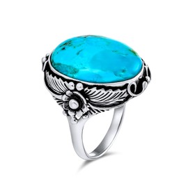 Large Oval Flower Motif Natural Compressed Turquoise Southwestern Boho Statement Ring Bali Style 925 Sterling Silver