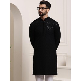 Sojanya (Since 1958 Men'S Pure Cotton Black Sequence Long Kurta