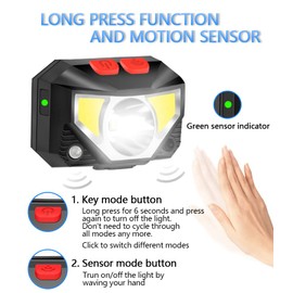Rechargeable Headlamp Flashlight,800 lumen super bright LED headlight with red and white light and motion sensors,IPX4 Waterproof,6 modes of working lights for indoor and outdoor,emergency situations