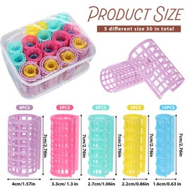 YBEATY 30 Pcs Plastic Hair Curlers DIY Self Grip Snap on Rollers Set Salon Curling No Heat Hairdressing with Transparent Zipper Bag for Women Long Medium Short Fine Thin Hair (5 Sizes)