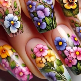 MIXFOSAHN Flower Press on Nails Medium Square Fake Nails Colorful False Nails with Floral Designs Flowers Glossy Stick on Nails Full Cover Glue on Nails Spring Acrylic Nails for Women Girls 24 Pcs