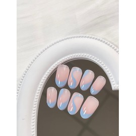 Press on Nails Medium Almond SWEKKE French Tip Fake Nails Blue Full Cover False Nails with Blue Line Designs Glossy False Nails with Nail Glue Artificial Acrylic Nails for Women Girls 24 Pcs