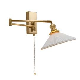 Magiroz Vintage Milk Glass Wall Sconce Modern Rushed Brass Swing Arm Wall Light Mid Century Gold Wall Sconce with Pull Chain Wall Mounted Light Fixture White Ceramic Wall Lamp for Bedroom MWL14A-1