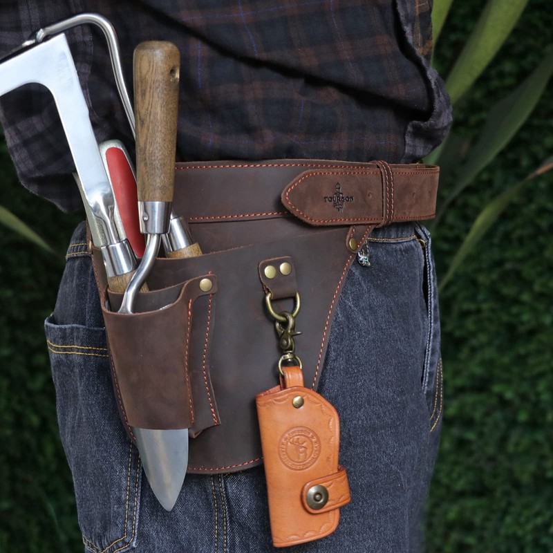 TOURBON Leather Garden Tool Bag Adjustable Waist Work Belt Pouch