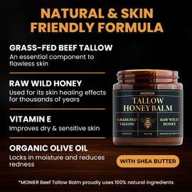 MONIER Tallow and Honey Balm for Face, Beef Tallow for Skin, Moisturizer with 100% Organic Grass-Fed Beef Tallow & Raw Wild Honey - Natural Formula for Dry & Sensitive Skin (Unscented)