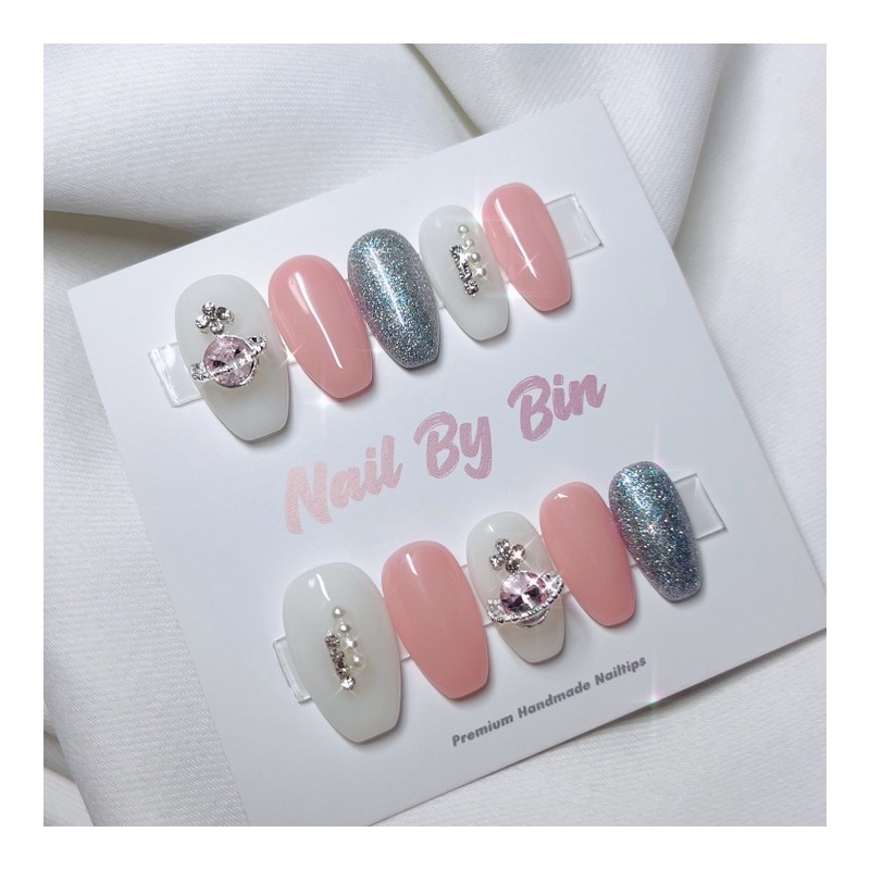 [Handmade Nail Tips] Pink Beam Planet Nails - Almond /
