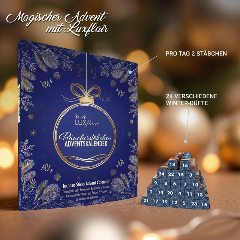 Luxflair Adventskalender für Räucherstäbchen - 48 Stäbchen, 24 winterliche Düfte,