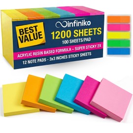 Infiniko Sticky Notes 3x3 (12 Pads/1200 Sheets) – 2026 Improved Adhesive, Super Sticky & Bright Neon Colors – 1200 Sheets – Ideal for School, Office & Desk Supplies