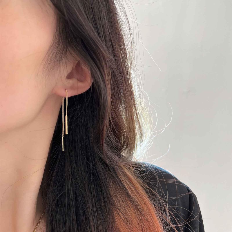 Aneneiceera Vintage Long Bar Threader Chain Earrings Gold Vertical Bar