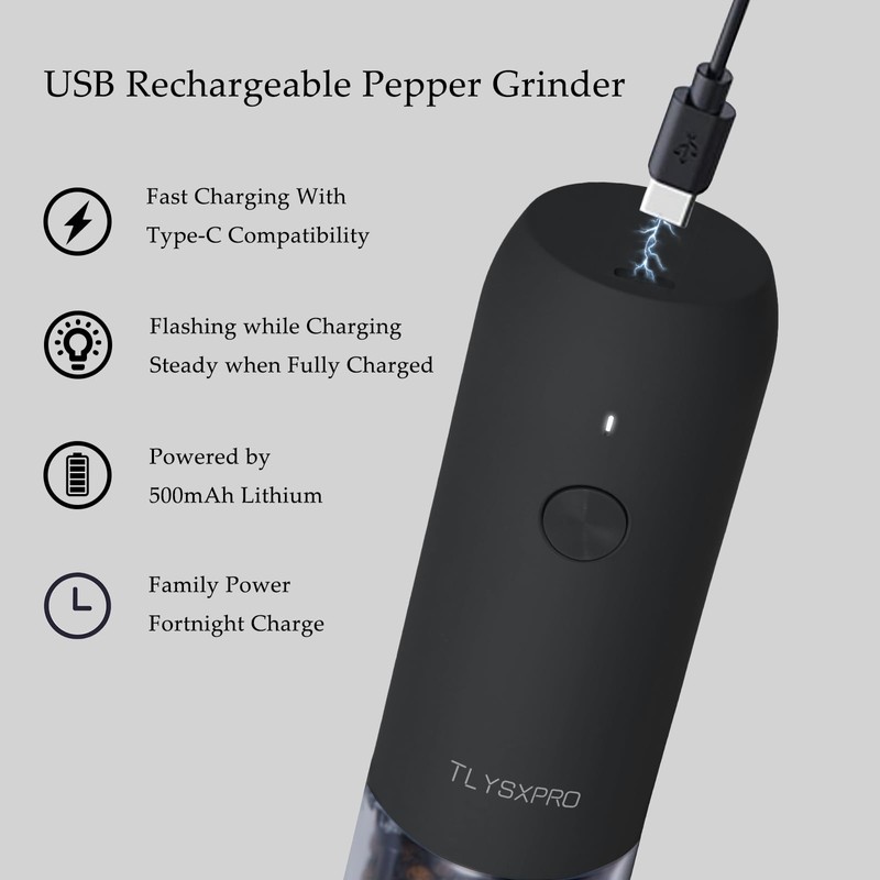 TLYSXPRO Electric Pepper Grinder, USB Rechargeable, Automatic Pepper Shaker, Adjustable
