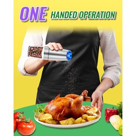 Gravity Salt and Pepper Mill Set, Pepper Grinder with Ceramic Rotor, Acrylic Container,Stainless Steel Middle, Blue LED Light,Battery Powered, Adjustable Coarseness,One Hand Use,Sliver, By Rongyuxuan