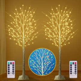 2 Pack Lighted Birch Tree, 6FT Birch Tree with 130 LED Lights, 8 Flash Modes and Timer, Prelit Twig Christmas Tree for Indoor Outdoor Home Party Garden Wedding Holiday Decor (Warm White & Multicolor)