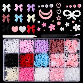 Lifextol 1000pc Pink Bow Nail Charms and Gems 3D Flower Nail Charms for Nails Design Press on Nails Art Charms, Resin Junk Case Charms Bulk Acrylic Pearl Nail Charms Heart for Fake Nails Supplies-B