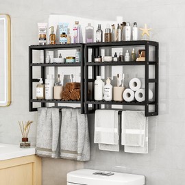 Galood Over The Toilet Storage Bathroom Shelves Wall Mounted 3 Tier Space Saver Corner Shelf Organizer Bamboo Towel Rack Toilet Paper Cabinet with Hanging Rod Black Sets