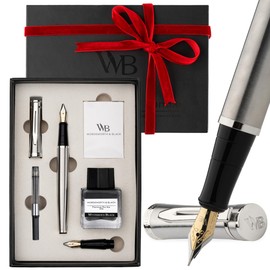 Wordsworth & Black Fountain Pen Set,18K Gilded Medium and Extra Fine Nib,25ML Black Ink Bottle,6 Ink Cartridges,Refill Converter,Gift Box,Smooth Writing Pen [Silver Chrome],Gift Set for Men and Women
