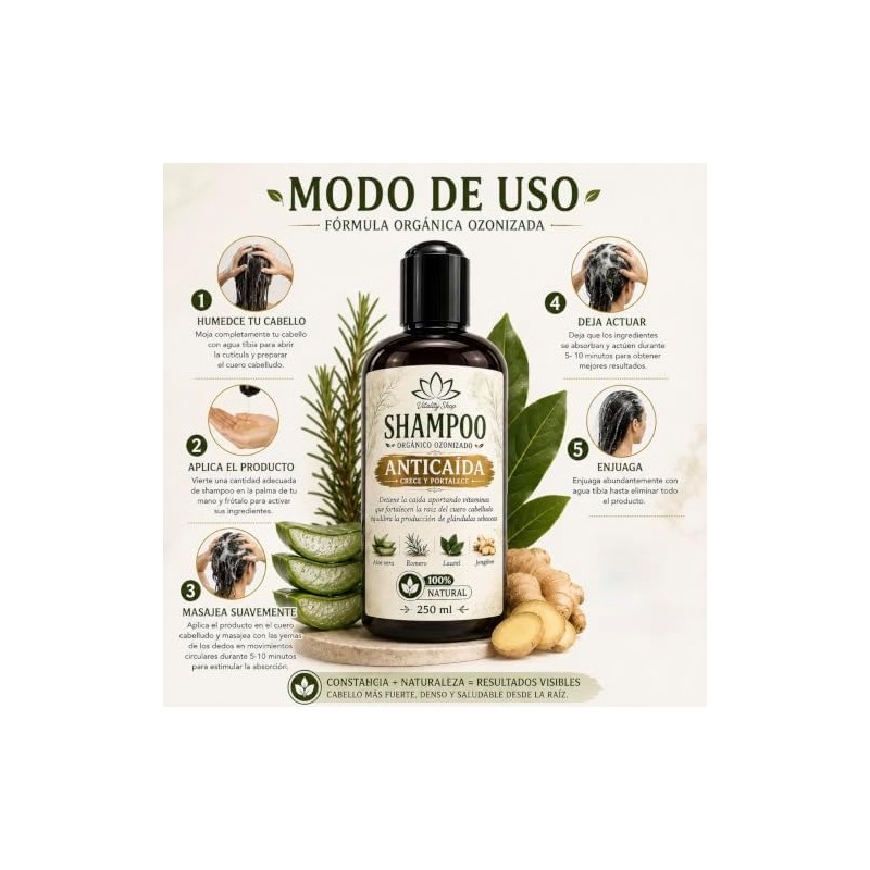 Shampoo anticaída orgánico con romero, aloe vera y vitamina E