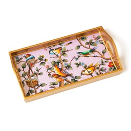 Decorative Glass Wood Glass Serving Tray with handle from Peru | Small Tray for Tea, Breakfast | Housewarming Gifts | Anniversary Gift (Pink)