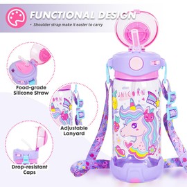 Kids Water Bottle with Straw & Strap for School Kids Girls Boys, 22oz BPA Free Child Drinking Water Bottle One-Click-Open Leak-Proof Locking Flip Lid for Back to School Sport Travel