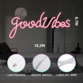 Good Vibes Neon Sign for Wall Decor, USB Powered Good Vibes Led Sign, Reusable Light Up Sign for Boys and Girls, Light Up Sign for Bedroom and Livingroom