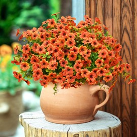 Fall Decor, Fake Mums, Fall Flowers, UV Resistant Artificial Mums for Outdoors, 24 Bundles Faux Mums for Outside, Fall Flowers Plants Artificial for Decoration For Home Porch Thanksgiving,Orange Red