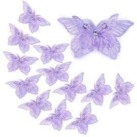 12 Pieces 3D Rhinestones Lace Embroidery Butterflies Appliques, Sewing Craft Double Layers Organza Patches for Wedding Bride Dress Clothes Hat Curtain (Purple)