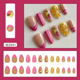 Teilihai Fruit Press on Nails Short Almond Stick on Nails with 3D Lemon Strawberry Stripe Design Pink French Tip Fake Nails Acrylic Glossy Autumn Glue on Nail for Women Girls Manicure 24Pcs