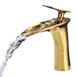 Leekayer Waterfall Bathroom Faucet 1 Hole Mount Hot Cold Basin Mixer Tap Single Lever Brass Faucet Gold Finish,LK61106G