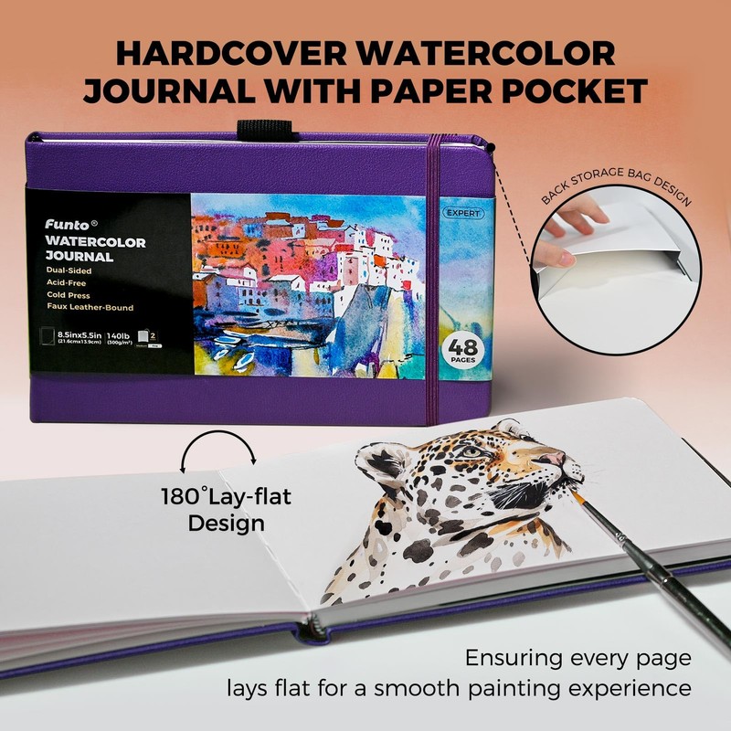 Funto Watercolor Journal, 8.5x5.5", 2 Pack, 48 Pages Each, Purple
