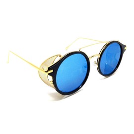 Round Circle Steampunk Aviator Sunglasses w/Mesh Side Shield Wind Guard (Gold Metallic & Black Frame, Blue Flash Mirror)