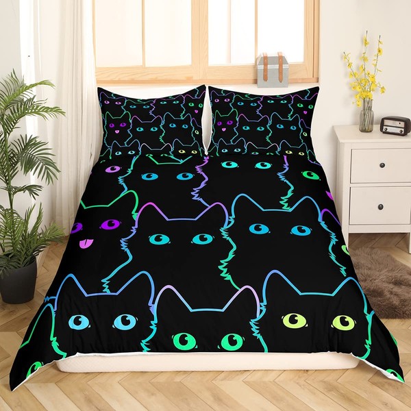 Cartoon Cat Bedding Set for Girls Boys Children Pet Cats Comforter Cover Cute Kitten Neon Light Duvet Cover Room Decor Colorful 3D Animal Cat Lover's Bedspread Cover Twin Bedding Collection 2Pcs