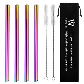 NEBYWOLD Reusable Stainless Steel Wide Boba Drinking Slant Straws Fat Straws Smoothie/Bubble Tea/Milkshakes Straws with 2 Cleaning Brush & Carry Bag 12mm/0.5" Wide