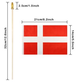 QQSD Denmark Small Flag Danish Dane Stick Mini Hand Held Flags - Solid Wooden Pole with Spear Top, 12 Pack