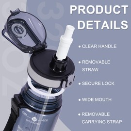 Newfad 32 oz Water Bottle with Detachable Straw, Clear Motivational Water Bottles with Time to Drink, Tritan & BPA Free Sports Water Jug with Time Marker, Upgraded handle design