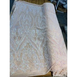 NEW CREATIONS FABRIC AND FOAM INC PINK CLEAR IRIDESCENT DAMASK SEQUINS DESIGN ON A 4 WAY STRETCH MESH-BY YARD.