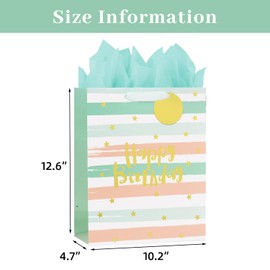 LEAYUGF 13" Large Birthday Paper Gift Bag with Tissue Paper Color Stripe Star For Christmas Happy Birthday Anniversaries Supplies with Handles