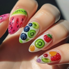 Fruit Press on Nails Medium Almond Shaped Watermelon Strawberry and Kiwi Blueberry Pattern Design Summer Acrylic Fake Nail Full Cover Glossy Artificial Fingernails Handmade Glue on Nails for Women