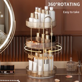 YCIA&DONE 360 Rotating Makeup Organizer and Storage for Vanity Countertop 3 Tiers, High Capacity Cosmetic Skincare Perfume Organizers for Dresser Bathroom Lazy Susan (Amber Gold)