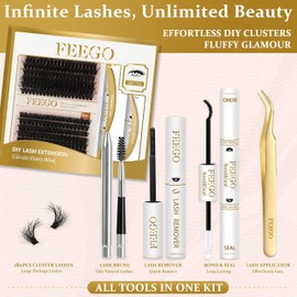 FEEGO Fluffy Eyelash Extensions Kit With Cluster Lashes, Applicator for Beginners, Individual Lashes, Lash Bond, Seal Glue, Remover (3040D Charming Kit)
