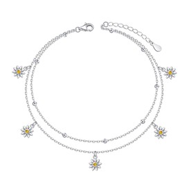 Daisy Layer Anklet for Women S925 Sterling Silver Beads Charm Foot Chain Yellow Cubic Zirconia Boho Beach Double Layer Anklets Bracelet Adjustable 9 to 10.5 inches