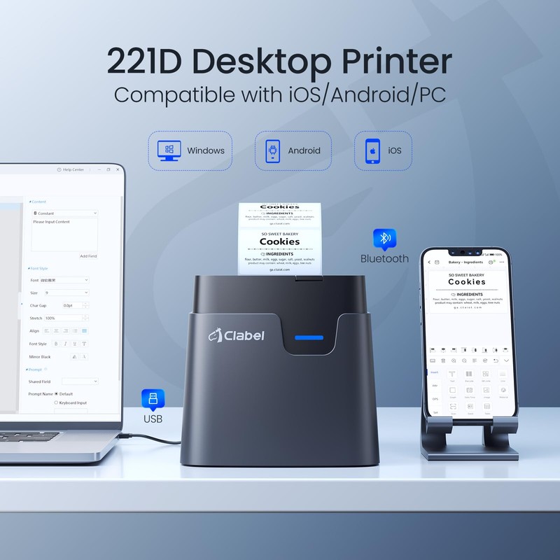 CLABEL Desk Bluetooth Barcode Label Printer: 221D Label Maker with
