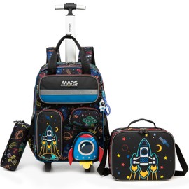 Egchescebo Kids Rolling Backpack for Boys Space Shuttle Luggage with Wheels Bookbag Multiple Compartment Pockets Wheeled Preschool Students Elementary Teenagers Lunch Box Pencil Case Blue for Age 5-10
