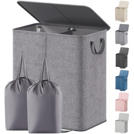 Lifewit Double Laundry Hamper with Lid and Removable Laundry Bags, Large Collapsible 2 Dividers Dirty Clothes Basket with Handles for Bedroom, Laundry Room, Closet, Bathroom, College, 136L Gray