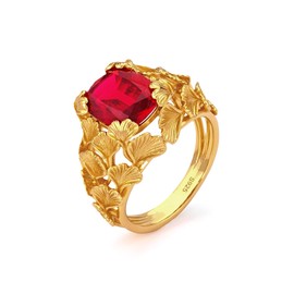 StiloVero Ginkgo Leaf Ruby Ring, 925 Sterling Silver, 24K Gold Plated Square-Cut Ruby, Symbolizing Eternal Love, Unique Gift for Anniversary, Wedding, Engagement, or Birthday (8)