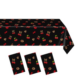 3Pcs Cheetah and Cherry Birthday Decorations Tablecloths, Red and Black Disposable Plastic Tablecloths 54x108In for Bday Bridal Shower Wedding School Bache Party Favors